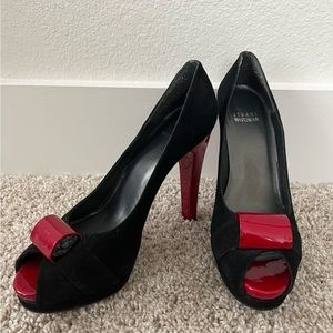 Stuart Weitzman Puente Peep Toe Black Suede Patent Leather Platform Pumps Size 8